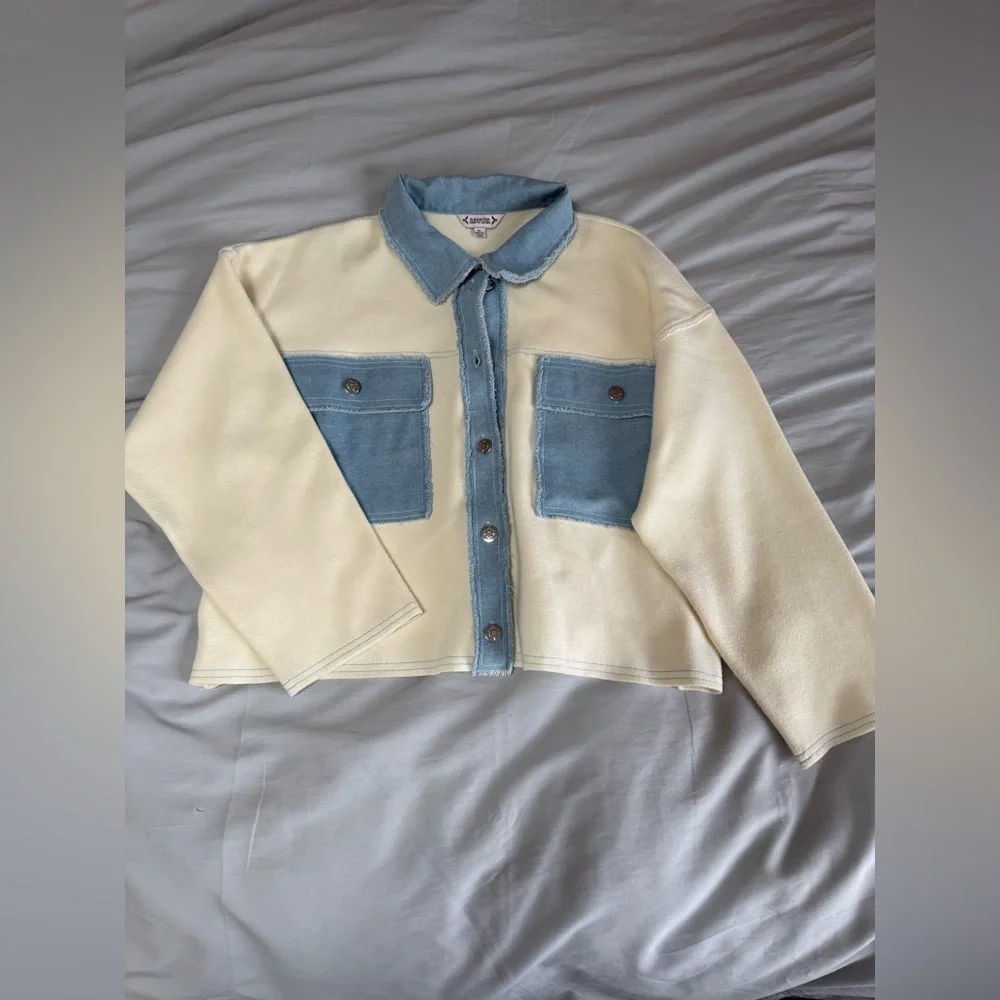 Nanette Lepore Colorblock Cropped Button-Up Top Ivory Blue XL Long Sleeve